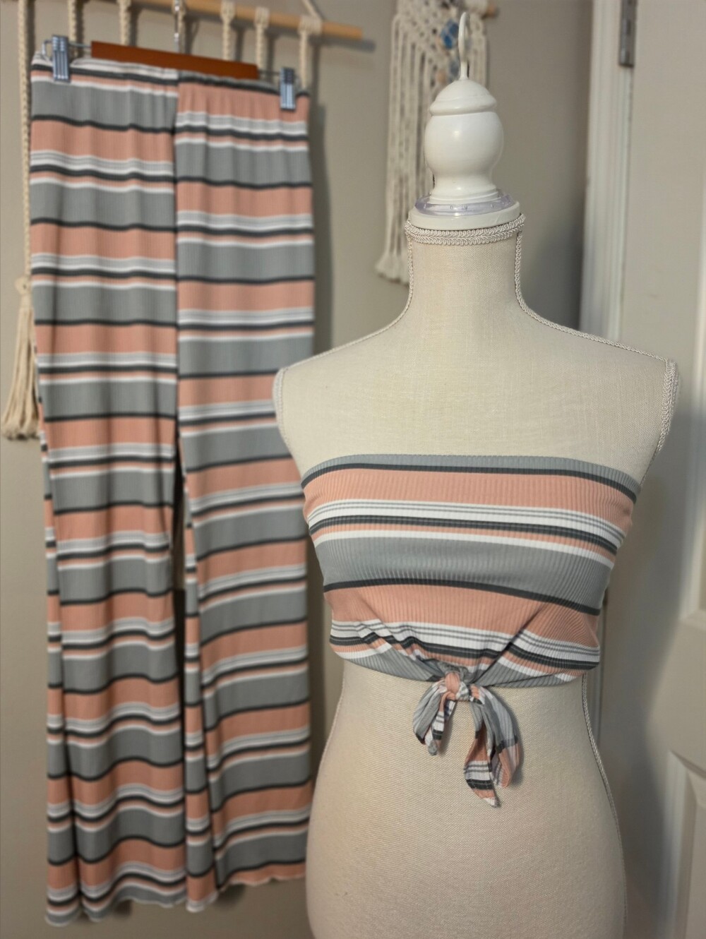 Stella Laguna Beach Striped Ribbed Tube Top & Pants Set - Peach, Gray, White